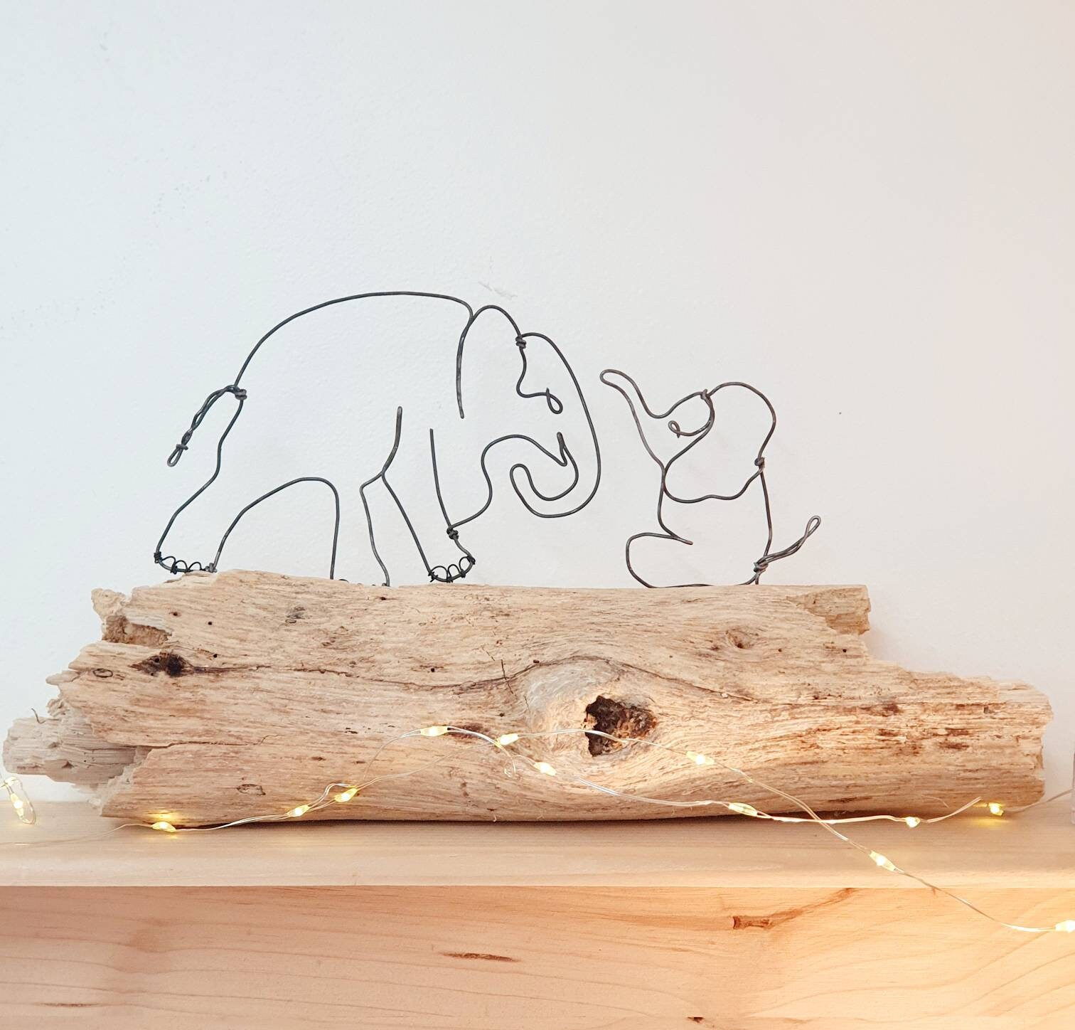 Éléphants, Deux Éléphants, Famille Fil de Fer Recuit, Bois Flotté, Sculpture, Décoration Intérieure,