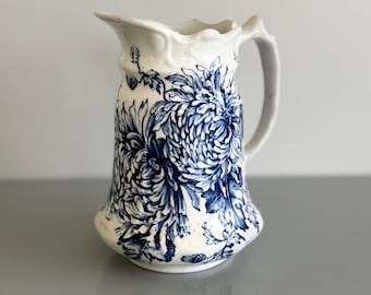 Vintage Old Foley James Kent England CHRYSANTHEMUM LARGE Pitcher / Blue & White Transferware Creamer