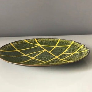 Vintage Enamelware Dish / Modernist Enamel over Copper Plate Geometric Design MCM Decor Artist Signed