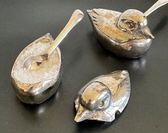 Vintage Silver Plate Duck-zoutkelders met deksels en lepels set van 2