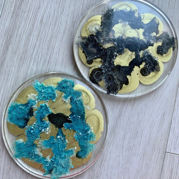 Blue & Black Ink Drop Coasters | Abstract | Ink Drop | Gift For Home | Unique | Bold | Unusual Gift | Functional Art | Black Blue Gold Clear