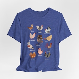 May include: Blue t-shirt featuring a colorful illustration of various chicken breeds, each labeled with its name. The design includes breeds like Polish, Wyandotte, and Japanese Bantam, among others. The shirt is made of a soft material.