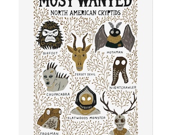 North American Cryptids Art Print: Bigfoot, Mothman, Wendigo
