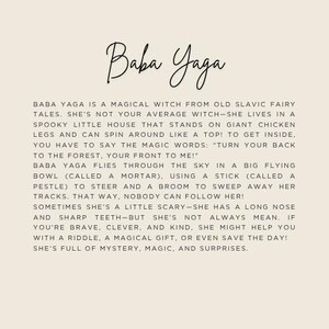 May include: Cream-colored background with the words "Baba Yaga" in elegant script. The text describes Baba Yaga, a magical witch from Slavic fairy tales, known for her spooky house on chicken legs and flying in a bowl.