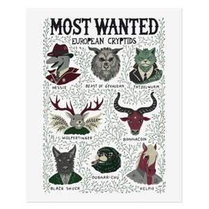 European Cryptids Art Print Crptozoology Print Cryptid Wall Art Cryptid Home Decor Gift for Cryptid Lovers Nessie Gevaudan Black Shuck Print