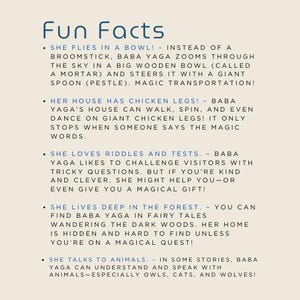 May include: A cream-colored page with the title "Fun Facts" in blue. The text describes Baba Yaga's unique characteristics, including flying in a bowl, a house with chicken legs, riddles, forest dwelling, and talking to animals.