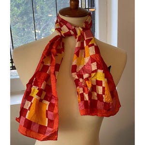 Vintage 1970s Acetate Geometric Red & Orange Silk Checkerboard Scarf 42” x 12&quot;