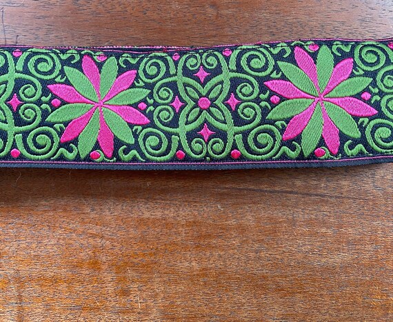 Embroidered Floral Black Belt with Pink & Green Accents Vintage Black Fabric Belt | Pink and Green Embroidery | 70s  main image 4