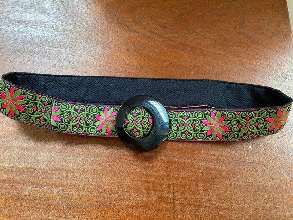Vintage Black Fabric Belt | Pink and Green Embroidery | 70s  display picture 1
