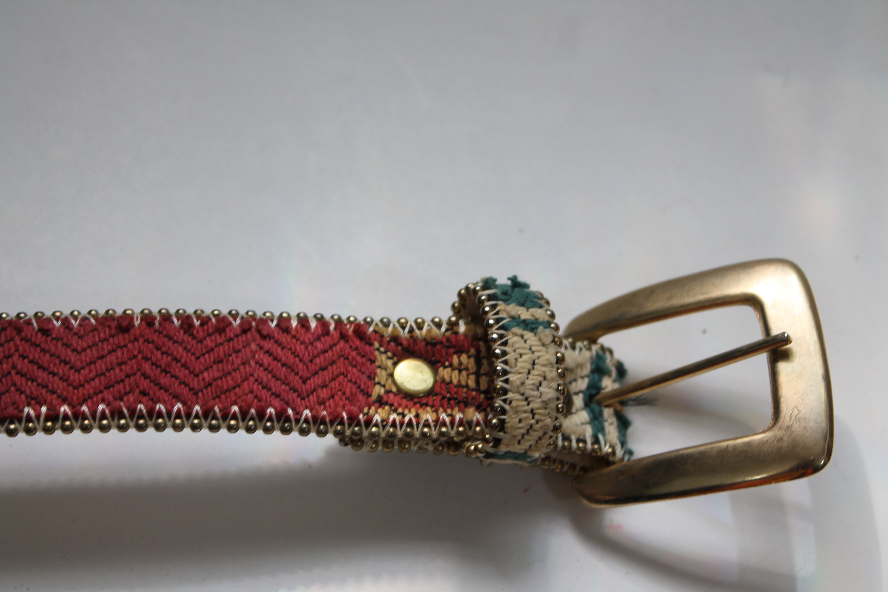 Vintage Tapestry Woven Belt with Antique Brass Buckle - Red & Teal Zunil Handwoven Maya Belt | Artisan Woven Belt | Antigua Threads main image 2