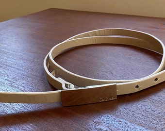 Tan belt | silver buckle | Vintage Calvin Klein | Quality vintage tan belt - 80s belt silver buckle vinyl belt