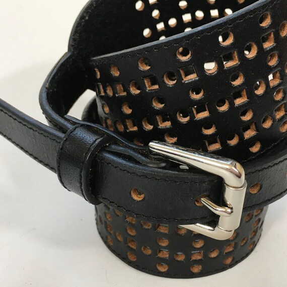 Black Wide Perforated Leather Belt With Silver Buckle Size  display picture 3