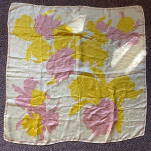 Vintage large square scarf | yellow and pink floral | large floral print | 31”x 30.5” soft and silky