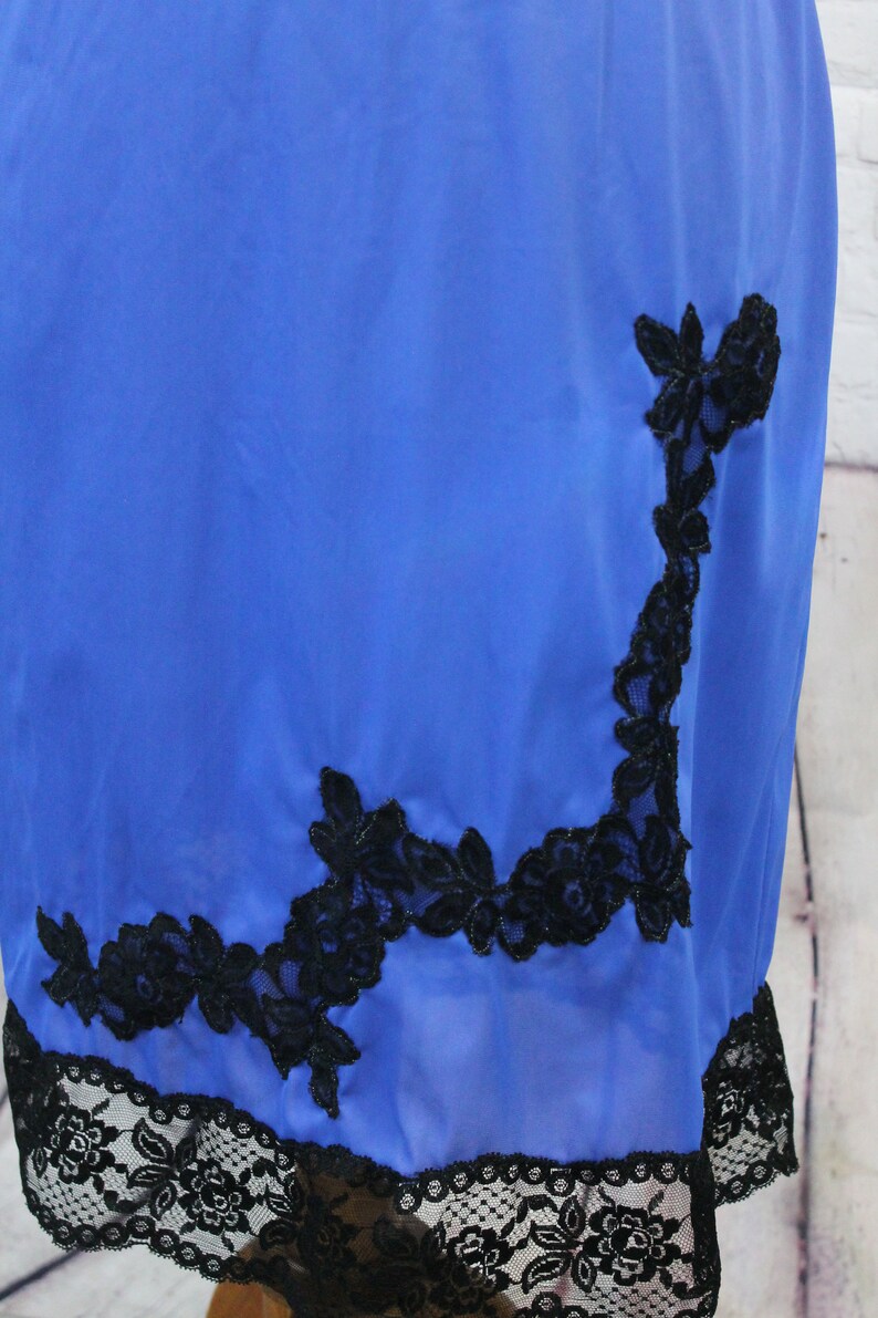 silky royal blue with black lace Blue Lacey half Slip| size small 1970 Seamprufe | satin