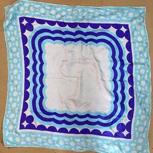 Vintage Square Scarf With Geometric Blue & White Pattern Lightweight Sheen Finish Polka Dot Border Retro Style