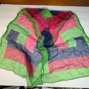 Vintage Silk Scarf With Hand-Rolled Edges & Geometric Design In Green Pink Blue And Red Nasharr Freres