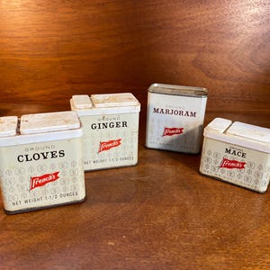 Vintage Frenchs Spice Tins Set Of 4 - Cloves Ginger Marjoram & Mace - Collectible Kitchen Decor