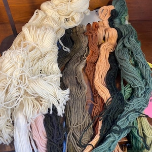 Puede incluir: Una colección de madejas de hilo coloridas en varios tonos de crema, rosa, verde, marrón y negro. El hilo está dispuesto de forma visualmente atractiva, adecuado para tejer, hacer ganchillo u otras manualidades.