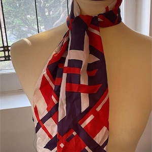 Vintage Acetate Geometric Print Scarf With Red White & Blue Pattern 45&quot; x 12&quot;