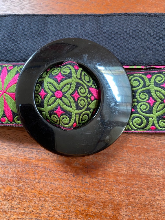 Embroidered Floral Black Belt with Pink & Green Accents Vintage Black Fabric Belt | Pink and Green Embroidery | 70s  main image 3