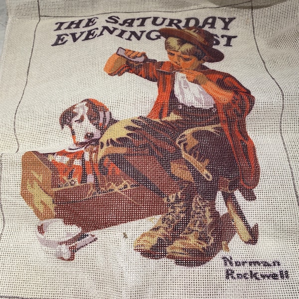 Vintage needlepoint canvas | Saturday Evening Post fits 11” x 14” frame or pillow | needlepoint | Norman Rockwell Bedside Manner Dog