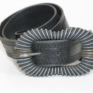 Vintage Black Leather Belt With Textured Metal Buckle Adjustable fits: 31 - 34&quot;
