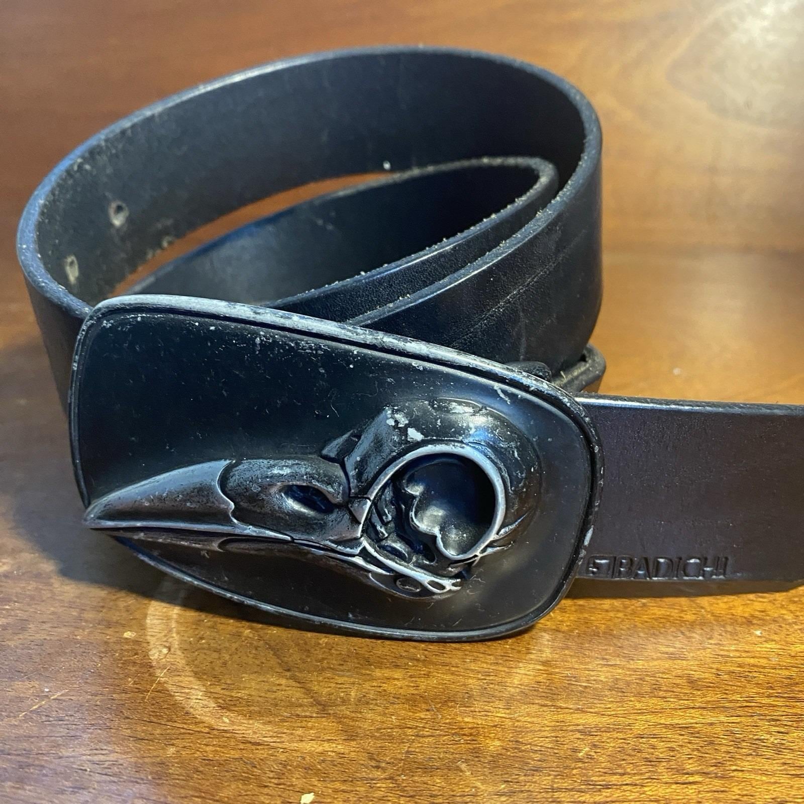 Badichi Belt Distressed Black Leather Silver Buckle Size  display picture 3