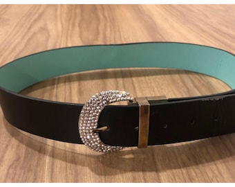Skinny Black Leather Rhinestone Buckle Belt - Vintage - M  display picture 1