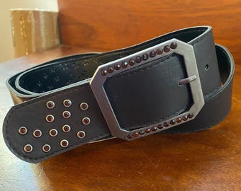 VINTAGE 90s JUMBO Black SUEDE Leather Silver Studded Perforated
