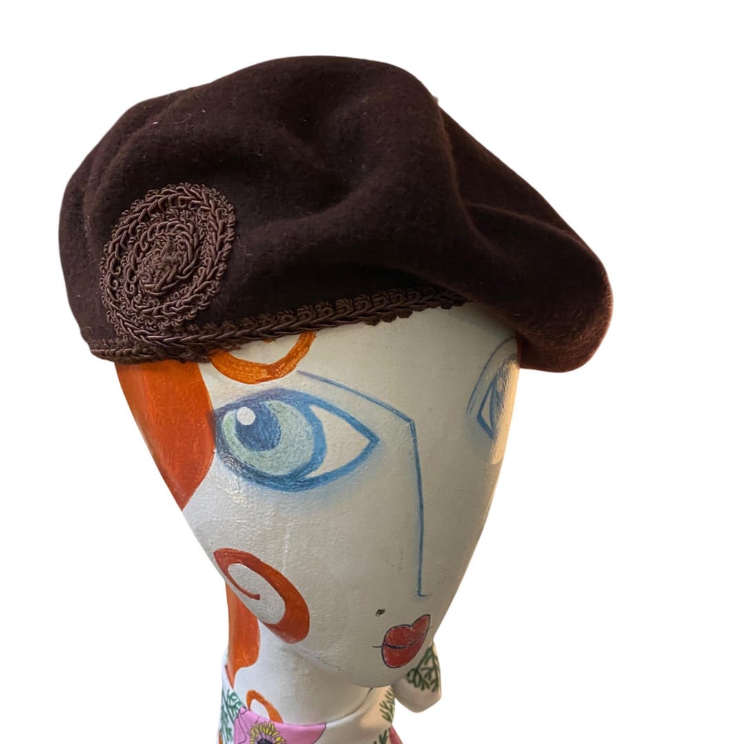 Vintage Brown Wool Beret With Embroidered Rosette & Trim - Etsy
