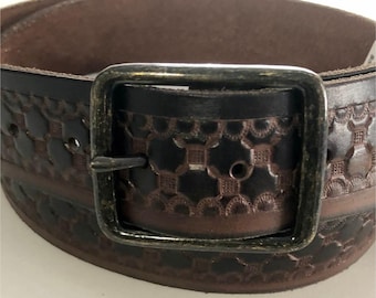 Lucky Brand Brown Leather Belt: Geometric Pattern, Metal Buckle, Size 36