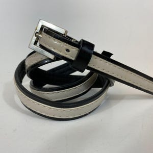 Womens Fashion Black & White Patent Leather Thin Belt With Silver Buckle Fits 31” - 35”