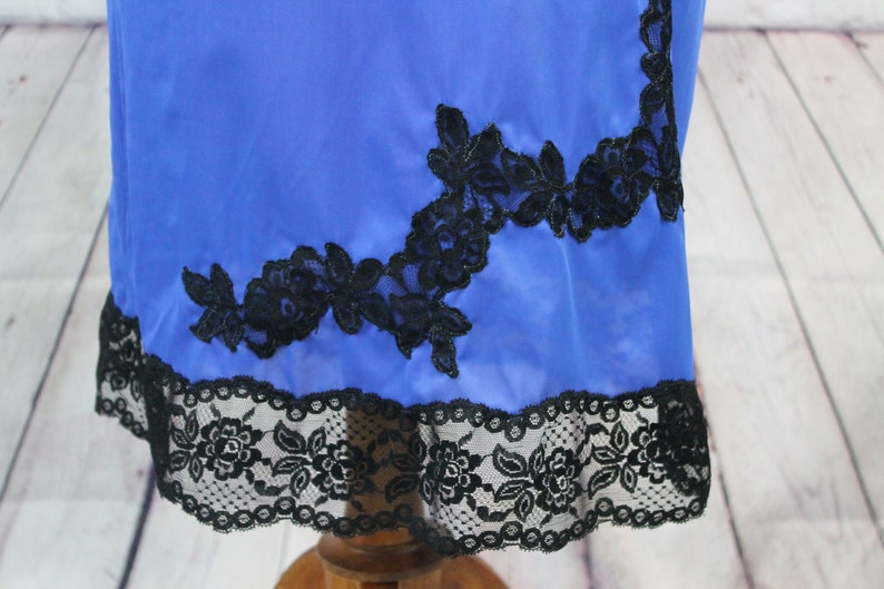 silky royal blue with black lace Blue Lacey half Slip| size small 1970 Seamprufe | satin