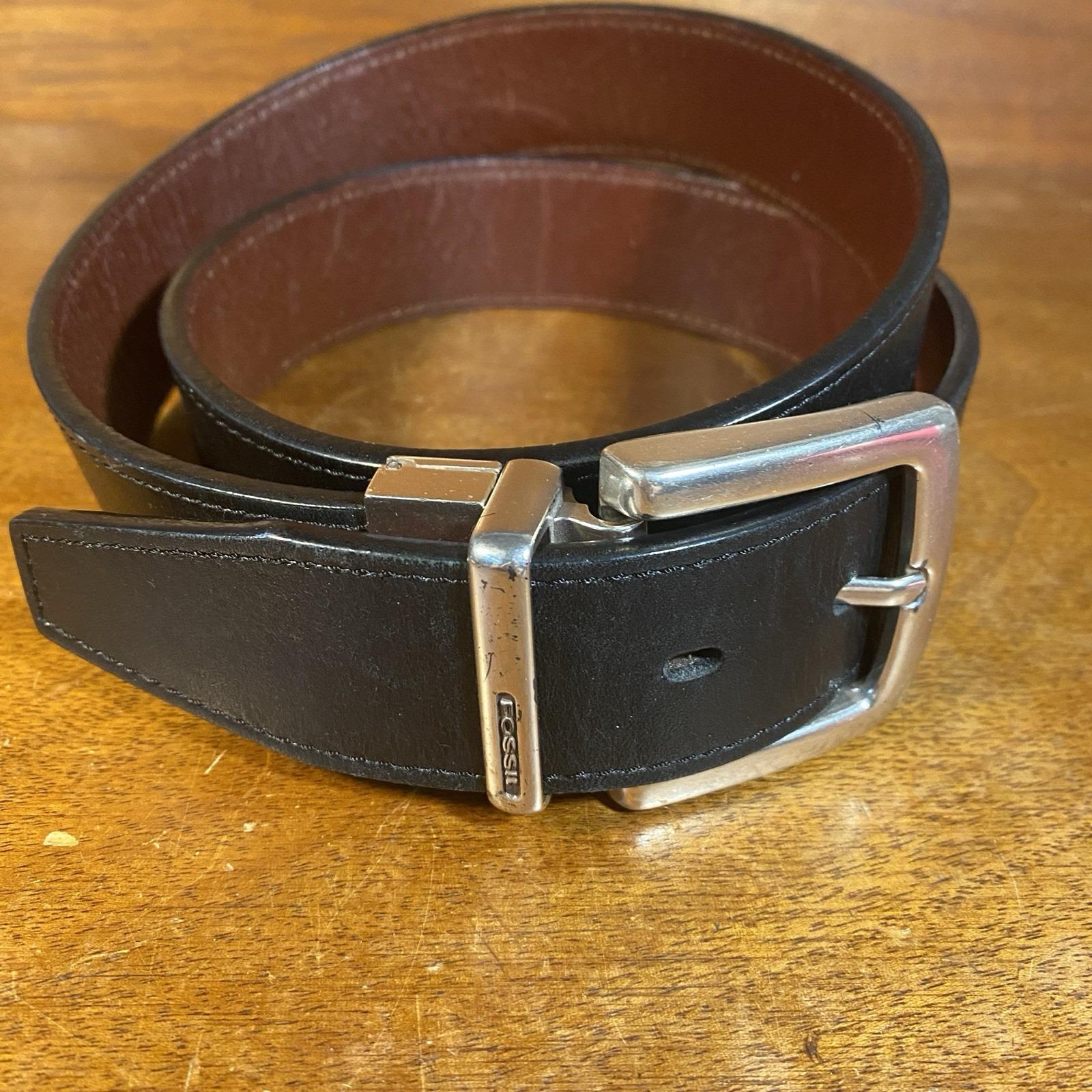Fossil Reversible Leather Belt Sz 36 Black/brown Silver 