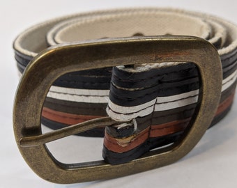 Vintage belt | Striped Belt | Black White and Brown | Size 8 | Oval Buckle | Gold Buckle | Fits 33-37" |