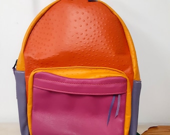 Handcrafted Leather Backpacks - Pink, Orange, and Yellow Ostrich Print