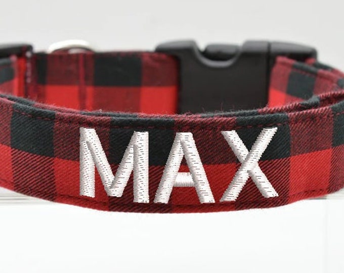 Featured listing image: Red Buffalo Plaid Dog Collar with Custom Embroidery