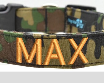 Green Camo Dog Collar with Custom Embroidery