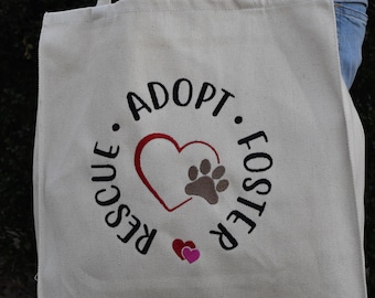 Embroidered cotton shopping tote. Support animal rescue!