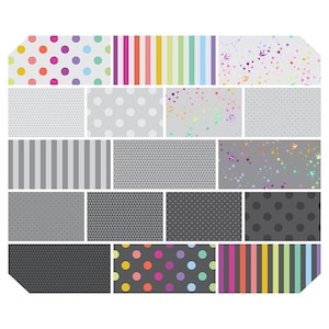 May include: A collection of patterned fabric swatches. The patterns include polka dots, stripes, triangles, and speckled designs in various colors such as gray, pink, yellow, purple, and green. The swatches are arranged in a rectangular shape.