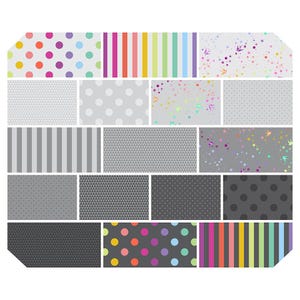 May include: A collection of patterned fabric swatches. The patterns include polka dots, stripes, triangles, and speckled designs in various colors such as gray, pink, yellow, purple, and green. The swatches are arranged in a rectangular shape.