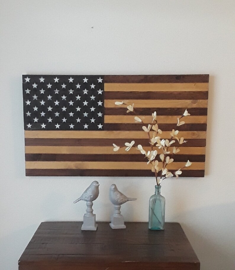 Large Rustic Stained Wooden American Flag Wall Art Decor Approx 36 X20 And 10 12 Pounds