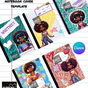 Può includere: Modello di copertina per quaderno con il testo "Melanin Composition". Le copertine presentano illustrazioni di donne nere con cuffie e vari disegni, tra cui cuori, stelle e materiale scolastico. È visibile anche il testo "Whitney".