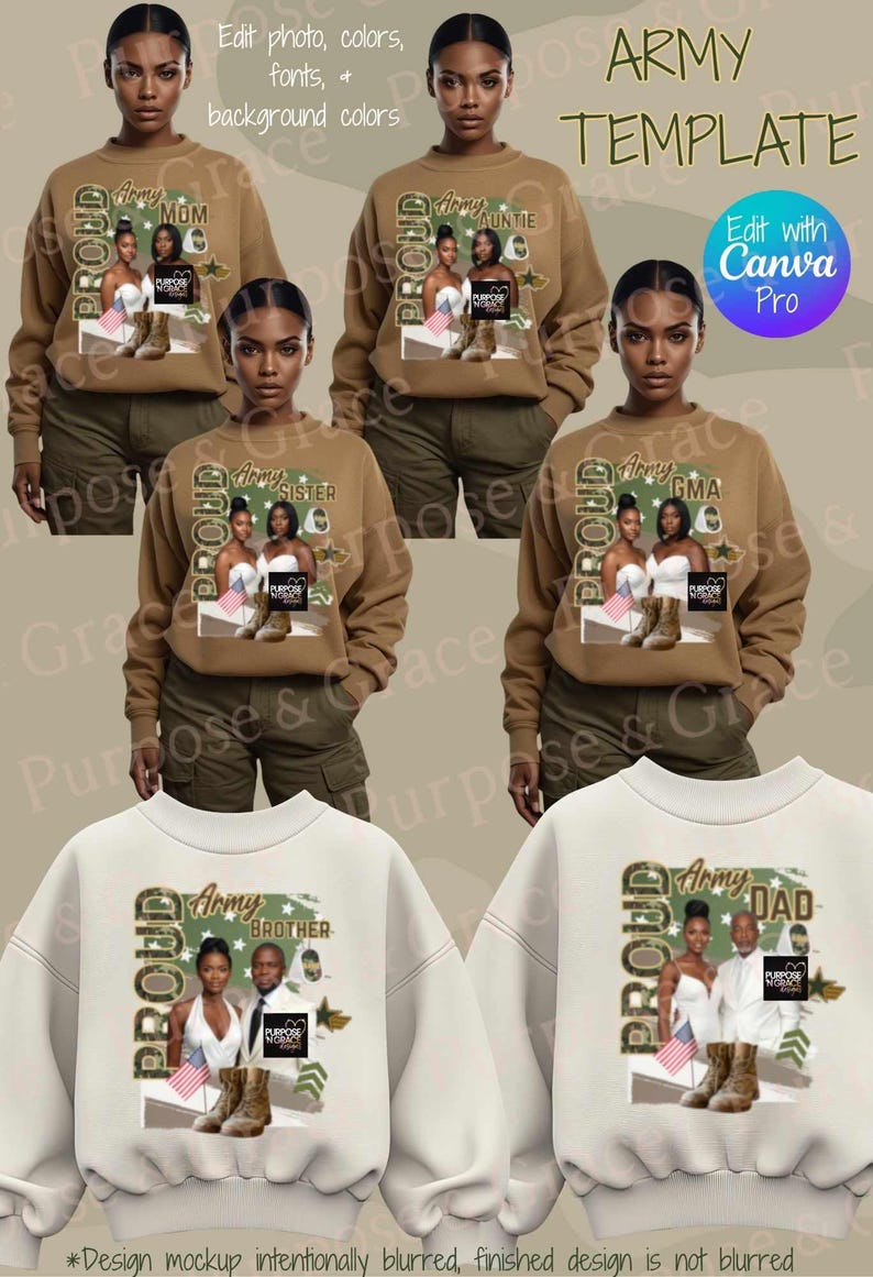 Op de afbeelding: Een mockup van verschillende sweatshirts en truien met militaire thema-ontwerpen. De ontwerpen bevatten de woorden "Proud Army" en familietitels zoals "Mom", "Auntie", "Sister", "GMA", "Brother" en "Dad". De ontwerpen bevatten foto's en camouflage-elementen.