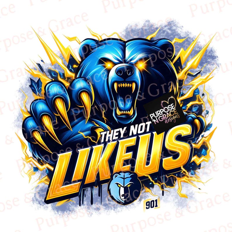 May include: A digital graphic of a blue bear with yellow eyes and claws, roaring. The text "THEY NOT LIKEUS" is in yellow with a black outline. The design includes lightning bolts and a bear logo, all on a white background.
