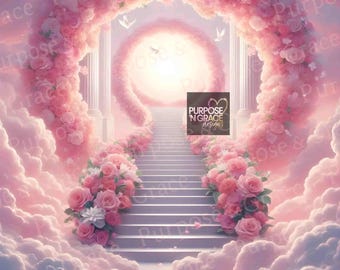 天の階段記念碑 PNG：ピンクの花と雲のデザイン（デジタルダウンロード）