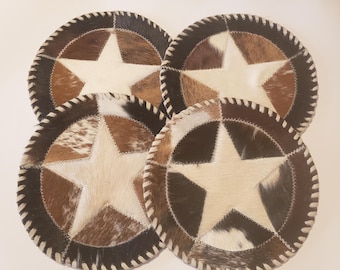 Handmade Cowhide Star Mat, Western Hair-On Hide, Hand-Laced Edge Rustic Decor