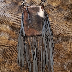Small Western Boho Leather Cowhide Black Fringe Zipper Purse, Cowgirl Boho Shoulder Bag, Western Ranch Cowgirl Fashion, Western Purse