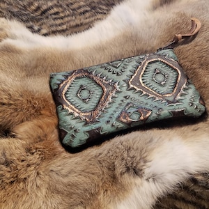 Embossed Cowhide Small Leather Wristlet, Western Zipper Pouch, Unlined