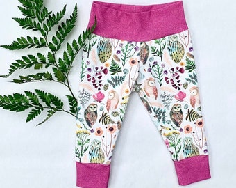 Adjustable Nature Print Leggings, Bird Print Leggings, Owl Leggings, Plant Print, Toddler Leggings, Cotton Baby Legging, Spoonflower fabric